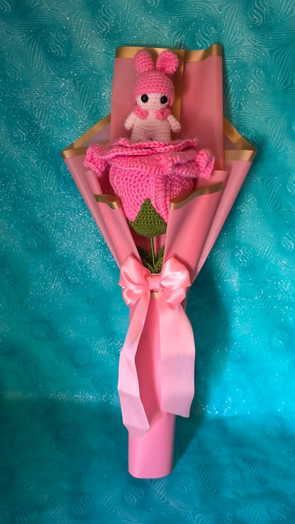 Pink Bunny Keychain/Single Rose Bouquet